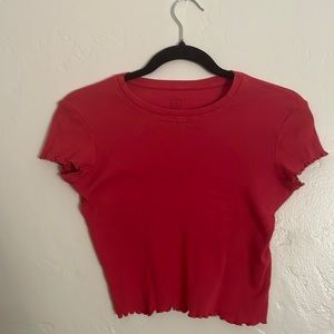 red tee shirt ruffled edges